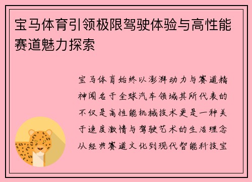 宝马体育引领极限驾驶体验与高性能赛道魅力探索